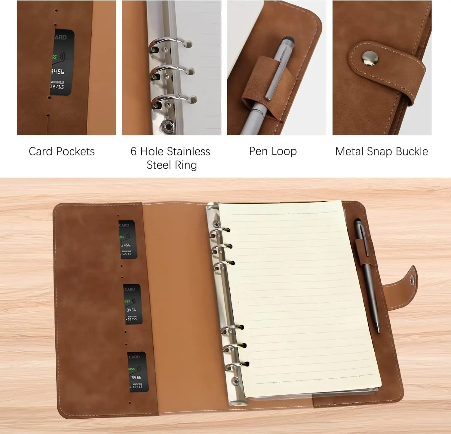 Leather A5 Binder 6 Ring Binder Notebook PU Leather Refillable Notebook with Pockets Dividers Refill Paper