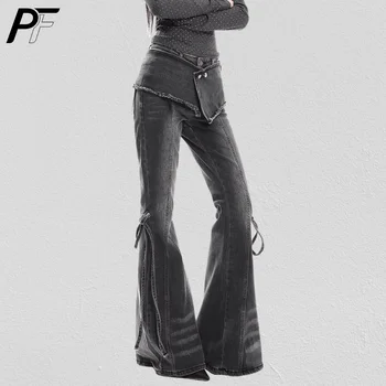 Y2K Retro Asymmetrical Tie Detail Flared Jeans Vintage Washed Denim with Frayed Hem Trendy Casual Wide-Leg Trousers for Women 1