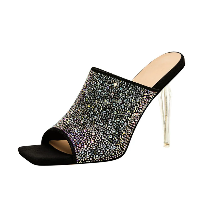 

Women Slippers 2023 New Rhinestone Crystal Stiletto Female Pumps Square Toe Slip-on Peep Toe Breathable Fashion Sexy Lady Shoes