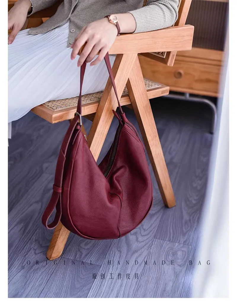PNDME hochwertige echtes Leder Damen faule Umhängetasche Modedesigner Rindsleder Knödeltasche Unterarm Halbmondtasche – Detail 13