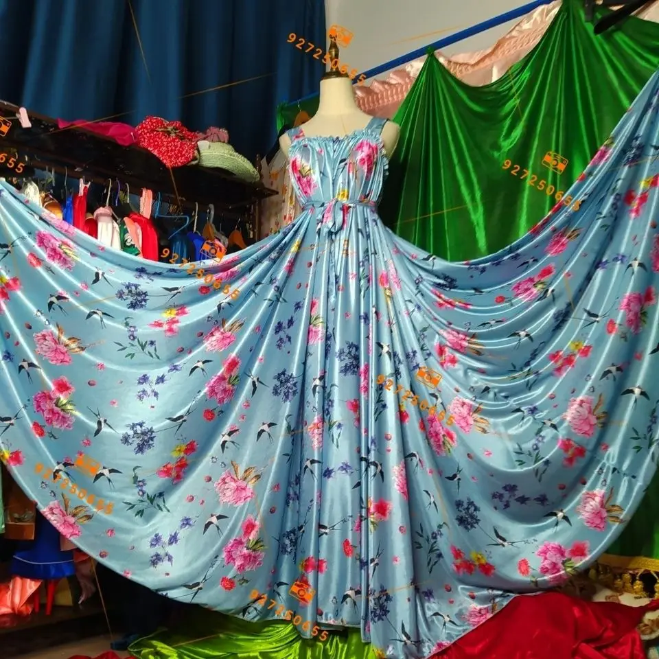 

Glossy Flower Print Women Satin Sleeveless Dress Loose Ruffles Maxi Dress Plus Size Sleeping Robe