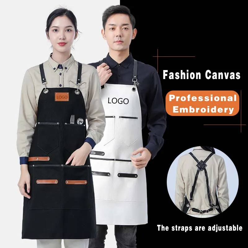 

Custom Logo Canvas Waterproof Apron Coffee Shop Hairdresser Florist Work Clothes Slit Adjustable Nail Salon Leather Straps Apron
