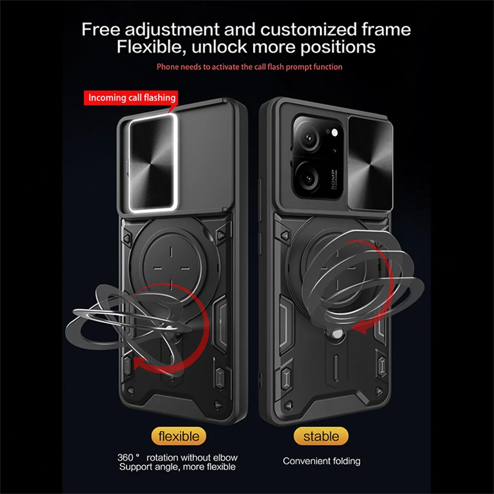 Fall Für Xiaomi 13T 12T 11T Redmi Hinweis 13 12 11S Poco F5 X5 Pro Magnetische rotat Cama Slide Protector Ring 360 Stand_voghion.com