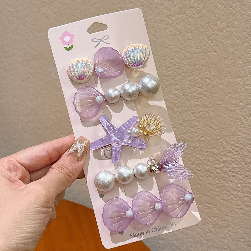 5pcs Starfish Colorful Shell Pearl Hair Clip for Women Sweet Cute Duckbill Clip Fashion Girl Hairpin Hair Accessories