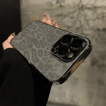 Luxury Plating Leopard Texture Leather Case For iPhone 16 15 14 Plus 13 12 11 Pro Max Lens Protection Shockproof Soft Cover Capa