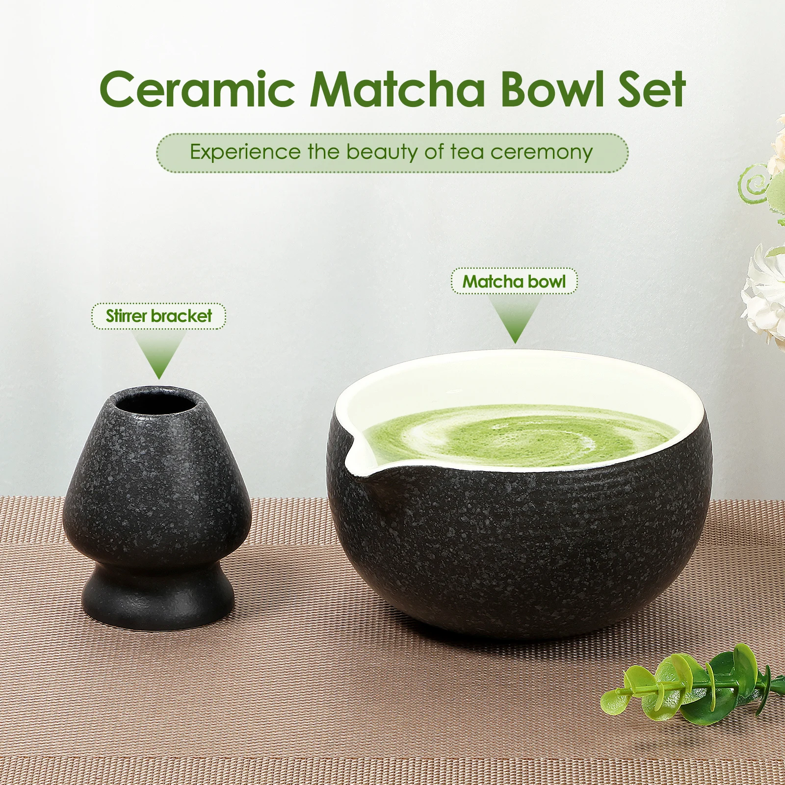 Japanese Matcha Tea Set Matcha Mixing Bowl for Whisking with Pouring Spout Solid Japanese Tea Bowl Whisk Set 2Pcs