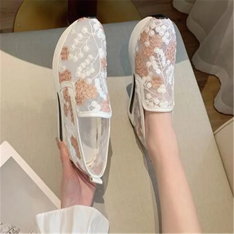 Floral Embroidery Breathable Sheer Mesh Sneakers,Lace Mesh Casual Shoes,  Platform Shoes Hidden Wedge Heel High Top Sneakers