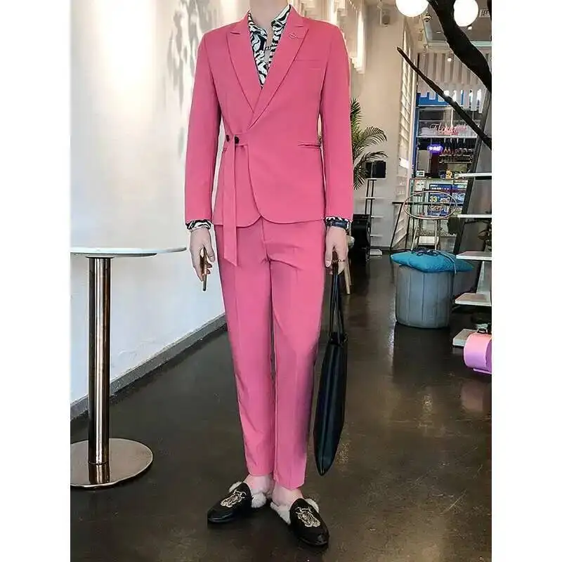 Suit Set Belt Slim Fit Korean Suit 2 Piece Blazer Men Tuxedo Belt Blazer Men Stylish Stage Party Club