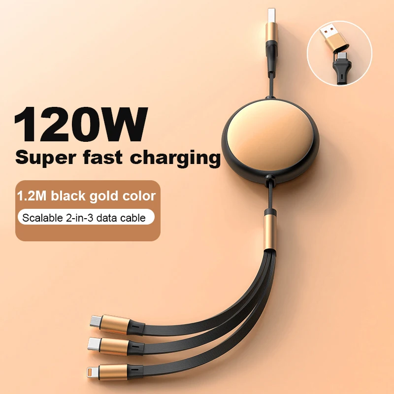 화웨이/아너용 5A 120W 3 in 2 고속 USB C 케이블, 아이폰 삼성용 접이식 휴대용 마이크로 USB 타입 C 충전 케이블
