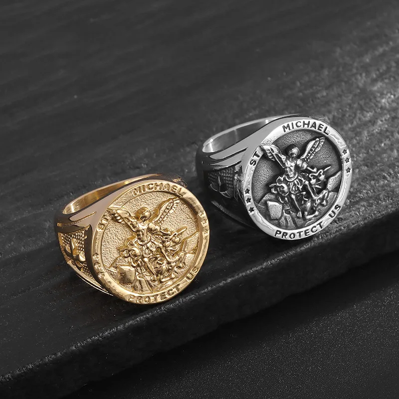 Gold Angel Michael Ring - Stainless Steel Punk Amulet Jewelry