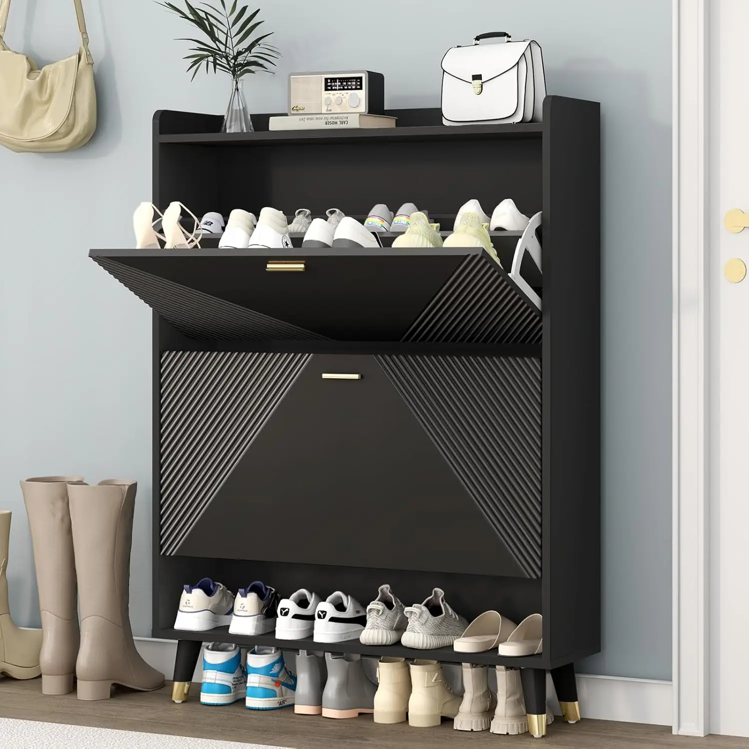 Wooden Shoe Cabinet with Flip Drawers Cubby and Shelf, Hidden Narrow Shoes Rack Organizer for Entryway Hallway, Shoe Cabinets