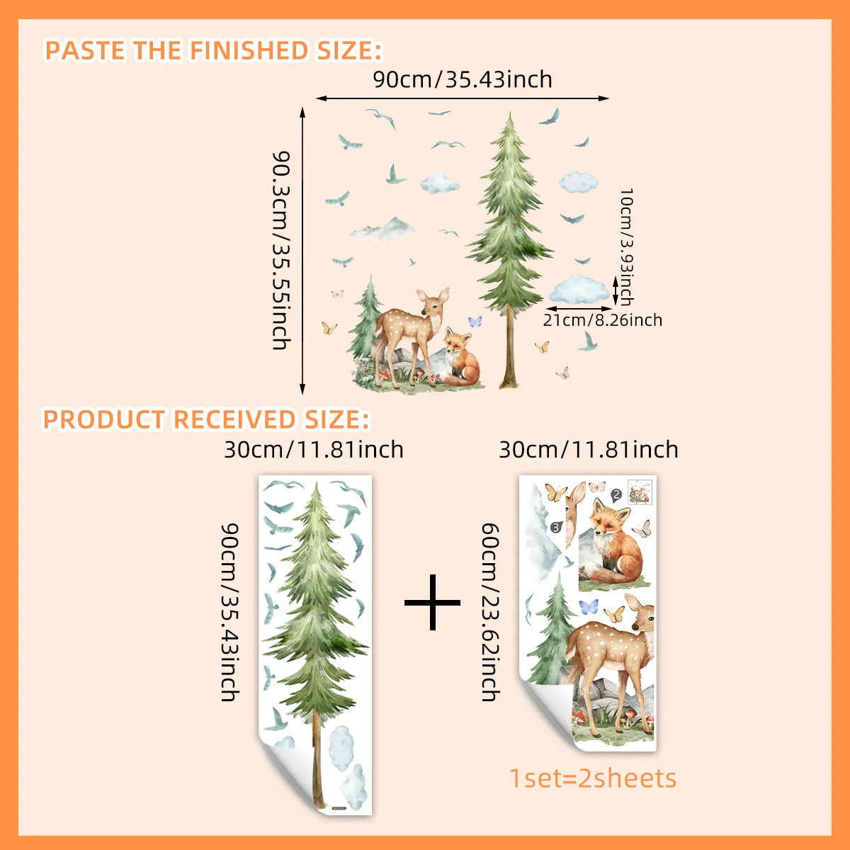 Forest Friends Self-Adhesive Wall Decals 2-Piece Cartoon Animal Wall Stickers Set with Deer Fox Geese Trees for Kids' Room Decor