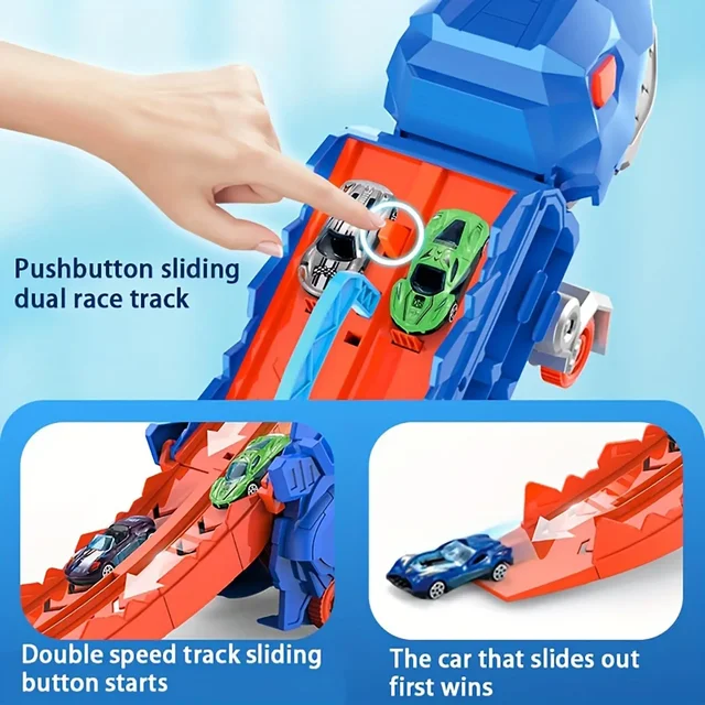 Transport Dinosaur Hauler Truck Foldable Sliding 25 Inch Race Track Transforms into Standing T-rex with 4 Die-cast Cars Toy Kids 5