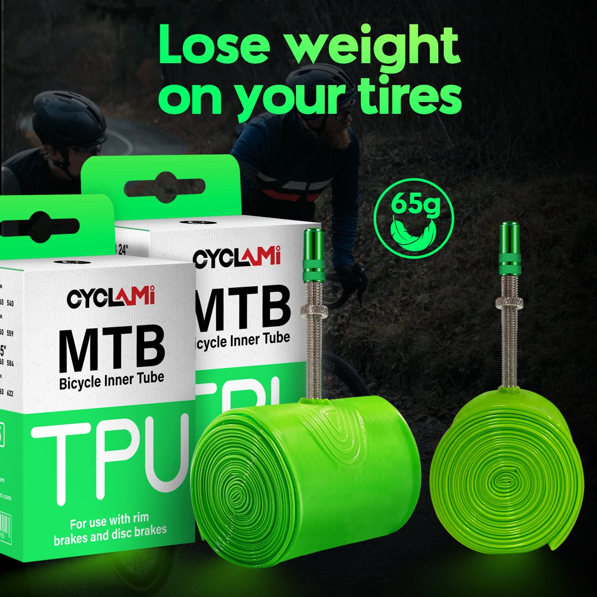 thumbnail image 2 of 2-Pack CYCLAMI TPU Inner Tube MTB 26'', Ultralight 65g Mountain Bike Tube Compatible With 26 X 1.9/2.0/2.1/2.2/2.3/2.4/2.5 Metal Presta Valve 45mm (with A Multi-Functional Tire Pry Bar 2 of 12