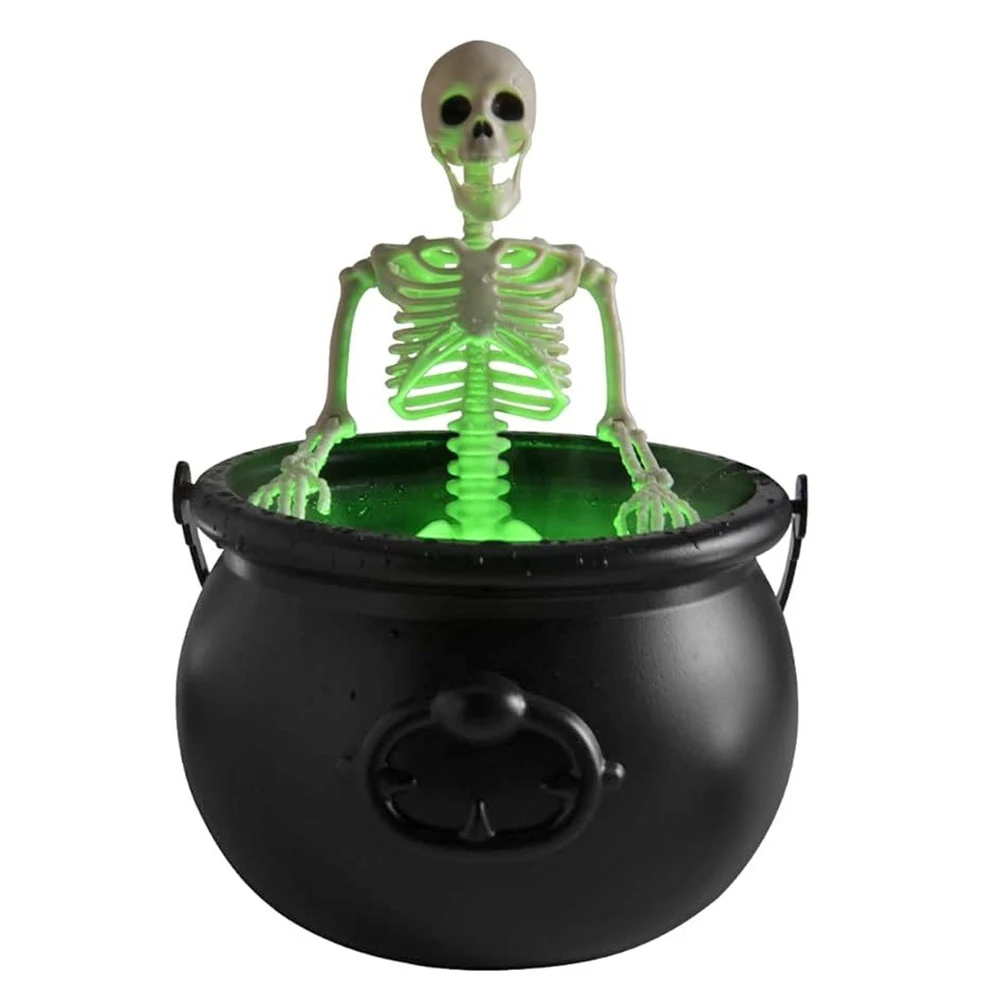 Black Cauldron Bucket Trick Or Treat Halloween Candy Bowl LED Mist Maker Skeleton Witch Cauldron Pot for Halloween Atmosphere