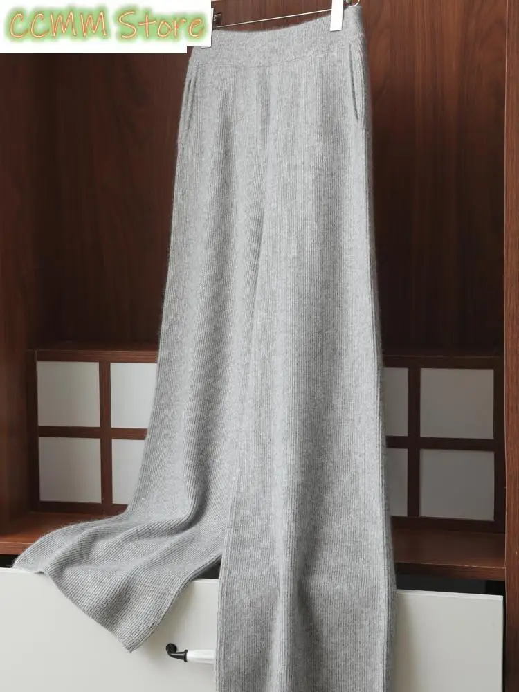 New Wide-leg Pants for Women Autumn Winter High-waisted Pants, Thickened Drapey White Casual Floor-length Knitted Pants