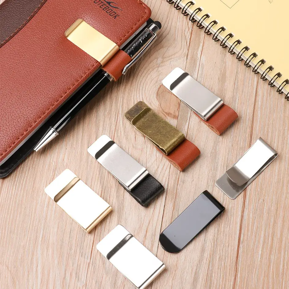 Memo Holders 1PC Vintage Metal Leather Pen Holder Brass Pencil Clip Notebook Loose Leaf Memo Bookmarks Paper Folder School Office Supplies