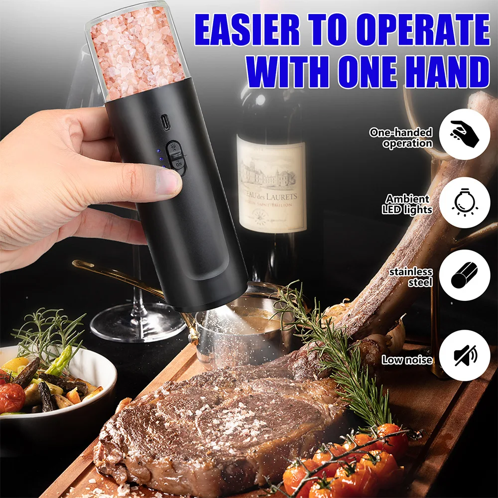 Electric Pepper Grinder,Home Mini Intelligent Salt Pepper Mills, Freshly Ground Seasoning Bottle With LED Light,Pepper Grinder