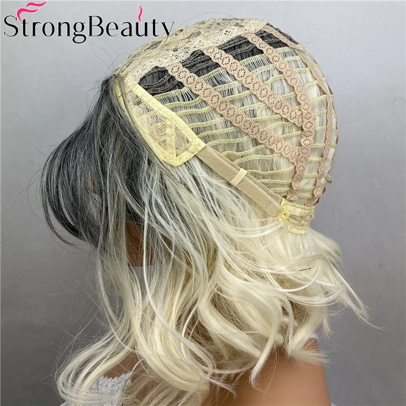 strongbeauty noiva de chucky peruca curto bob perucas de cabelo branco reto com raízes escuras perucas sintéticas naturais completas polegadas