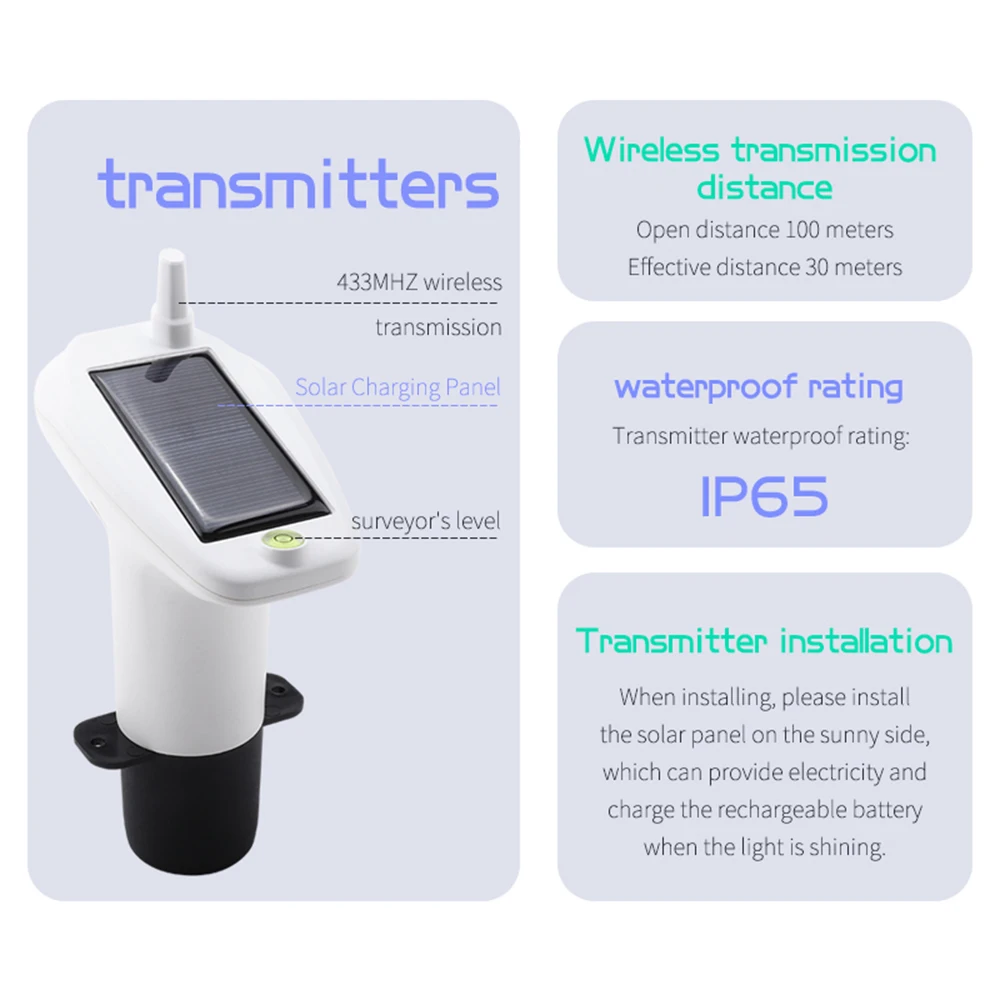 Description Picture 6 of itemUltrasonic Wireless Water Tank Liquid Level Meter With Solar Temperature Sensor 1-5Meters Level Monitor Time Display Smart Alarm