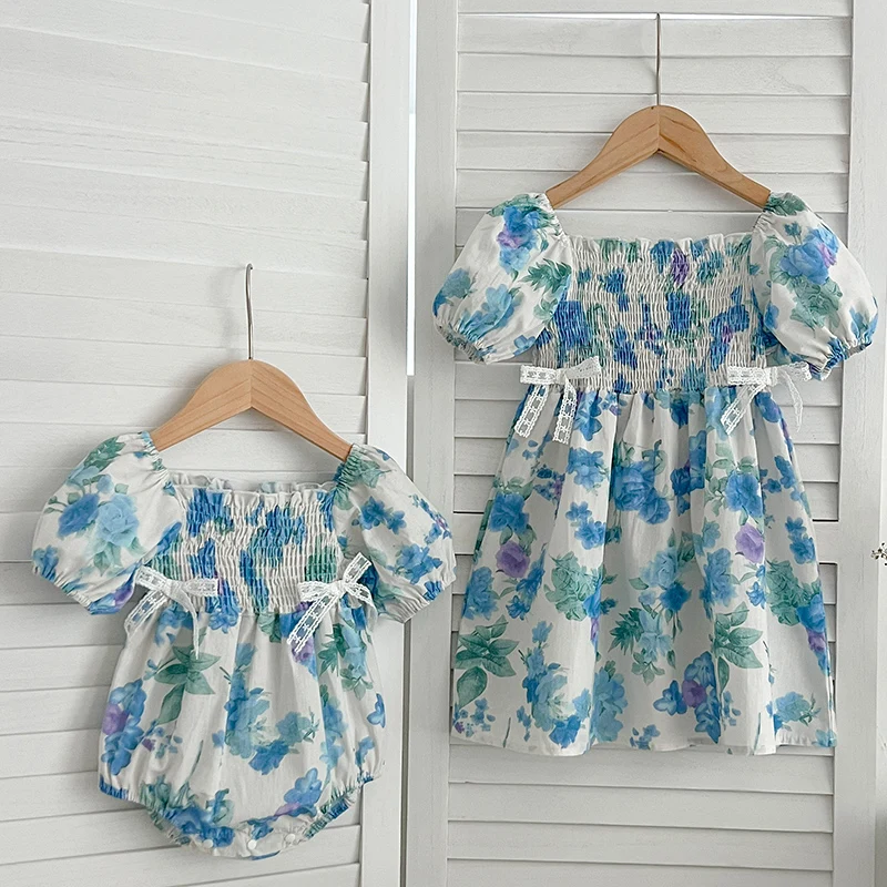 

2024 New Summer Toddler Baby Bodysuits Kids Party Dress Short Sleeved Cotton Print Girls Princess Dress Sisters Clothes