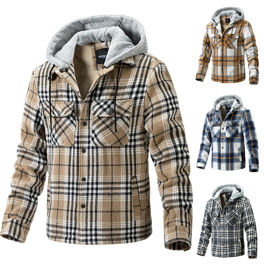 

2024 Fashion Y2K Winter European Oversized Mens Casual Retro Plaid Jacket Long-Sleeved Plush Thickened Warm Hooded Shirt For Men