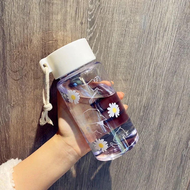 500ml Small Daisy Transparent Water Bottles BPA Creative Frosted Water Bottle With Portable Rope Travel Tea Cup Student Mug outdoor drinkware