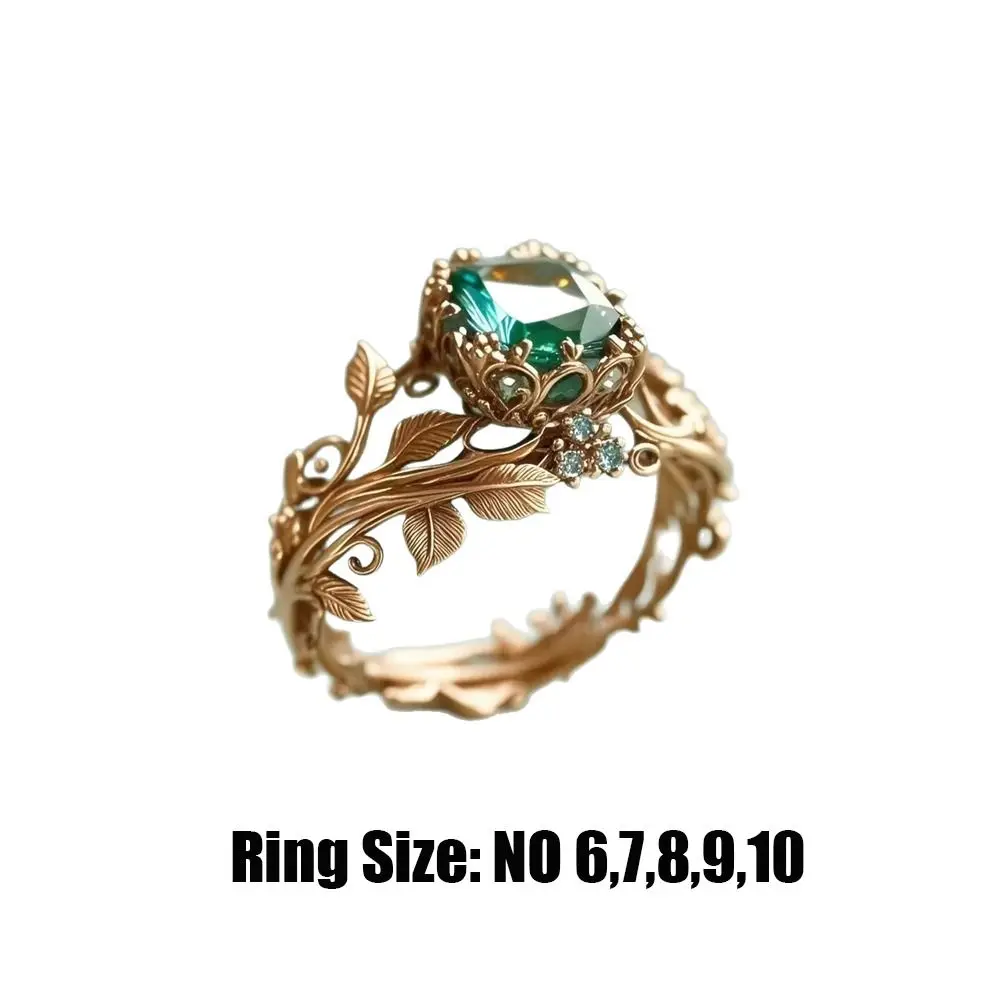 Inlaid Design Leaf Flower Ring with Green Stone Fade-Resistant Finger Decoration Simple Design Individual Ins Style