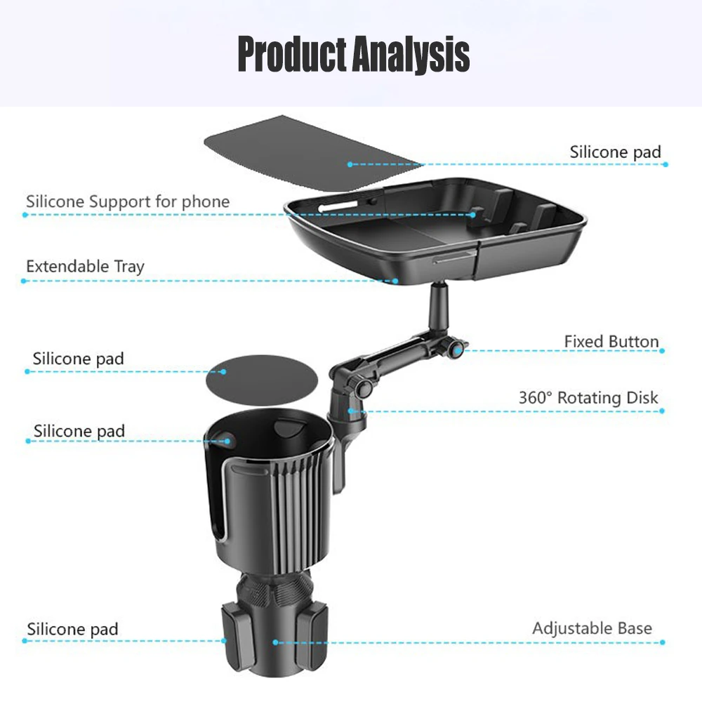 360도 회전 가능한 차량용 컵홀더 트레이 °   회전식 암 - 올인원 차량용 식판 및 컵 확장기 (스낵, 음료, 휴대폰 및 여행용)