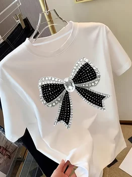 2D Elegant Bowknot Diamond T-Shirt Women Chic Graphic Tee Summer Short Sleeve Streetwear Slim Fitting Party Clubwear Tops 1