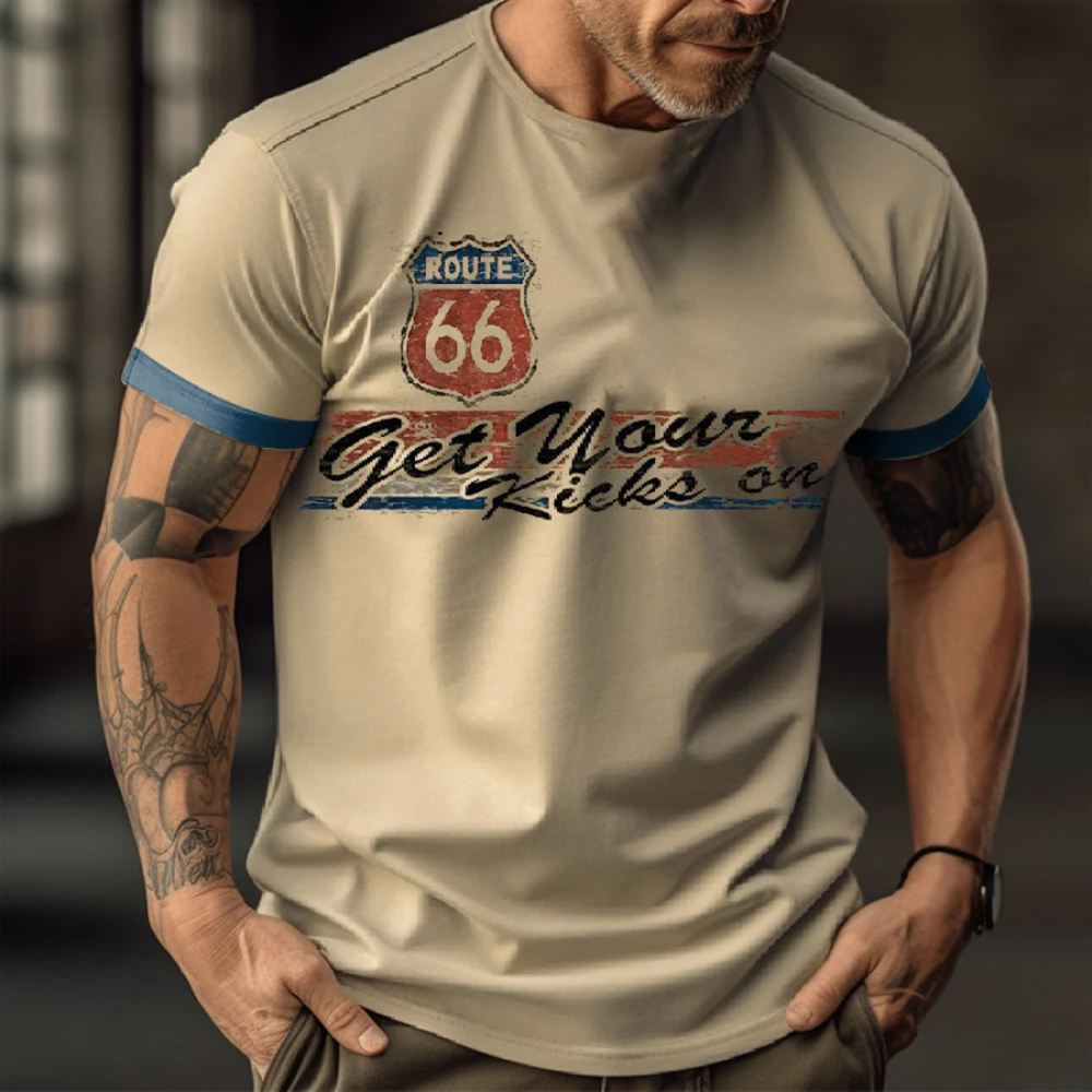 

Summer Men T-Shirts American Vintage Printed Holiday Tops Route 66 Racing Tops Casual O Neck Shirts Loose Male Harajuku T-Shirt