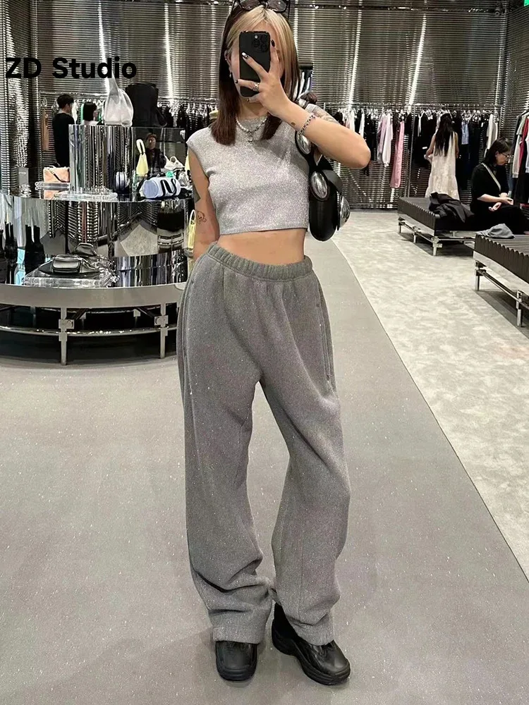 

[ZD Studio] AW New Silver Grey Sparkling Pink Letter Zipper Hooded Sweater Loose Fine Sparkling Plush Coat Pants Set
