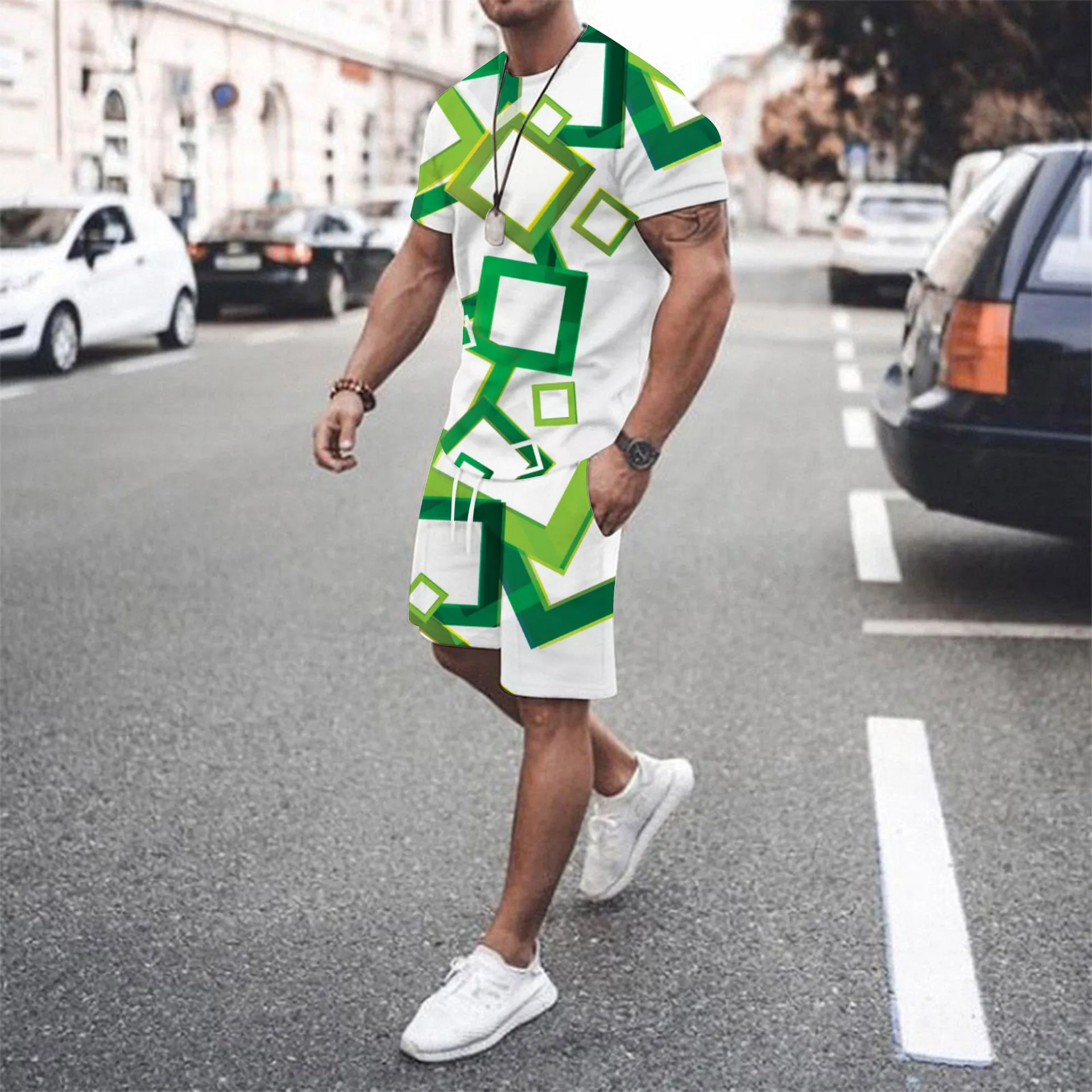 

2022 Summer New Men's Casual Beach Shorts Set 3D Printed Clothing Graffiti Round Neck Men's T-shirt Short Sleeve Two-piece Set