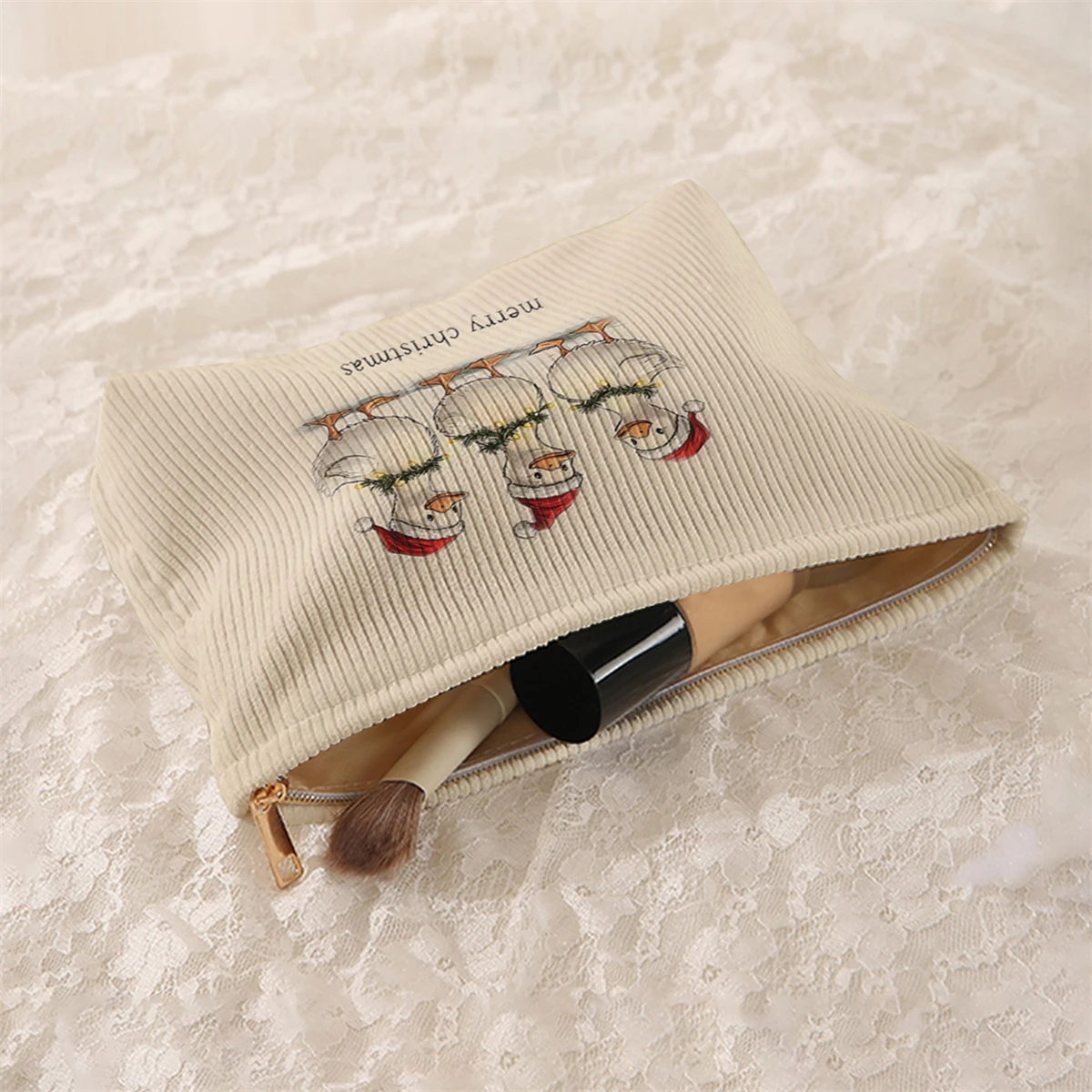 1 Christmas themed corduroy makeup bag, lightweight zipper makeup storage box, multifunctional bag with lining