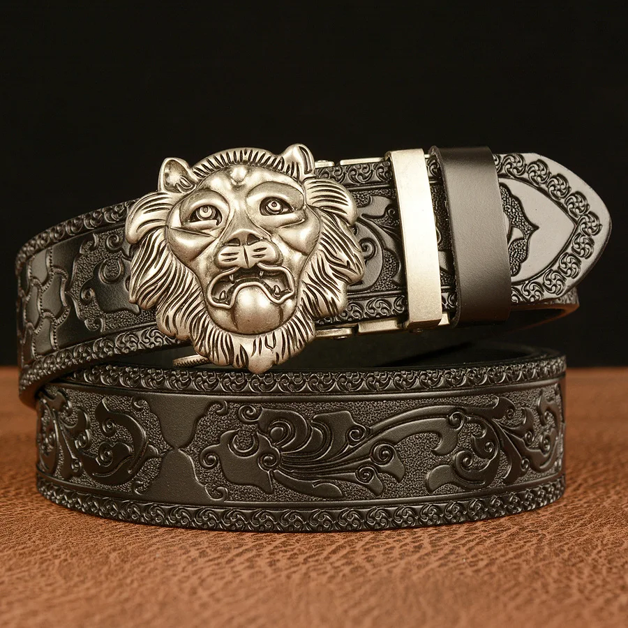 SupSindy Genuine Leather Belt Gold Lion Metal Automatic Bule Cowhide Belts for Men Jeans Waistband Male Strap_voghion.com