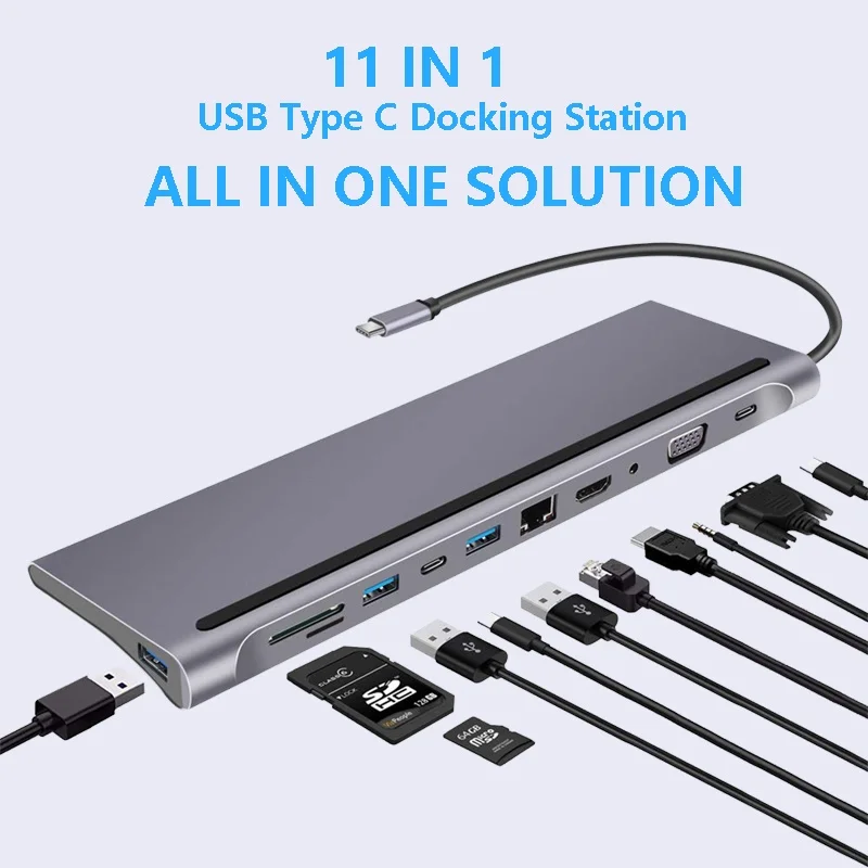 

USB C Laptop Docking Station To HDMI VGA USB PD Charge LAN RJ45 3.5MM Jack SD TF Reader Type C Hub Adapter for Laptop PC Dock