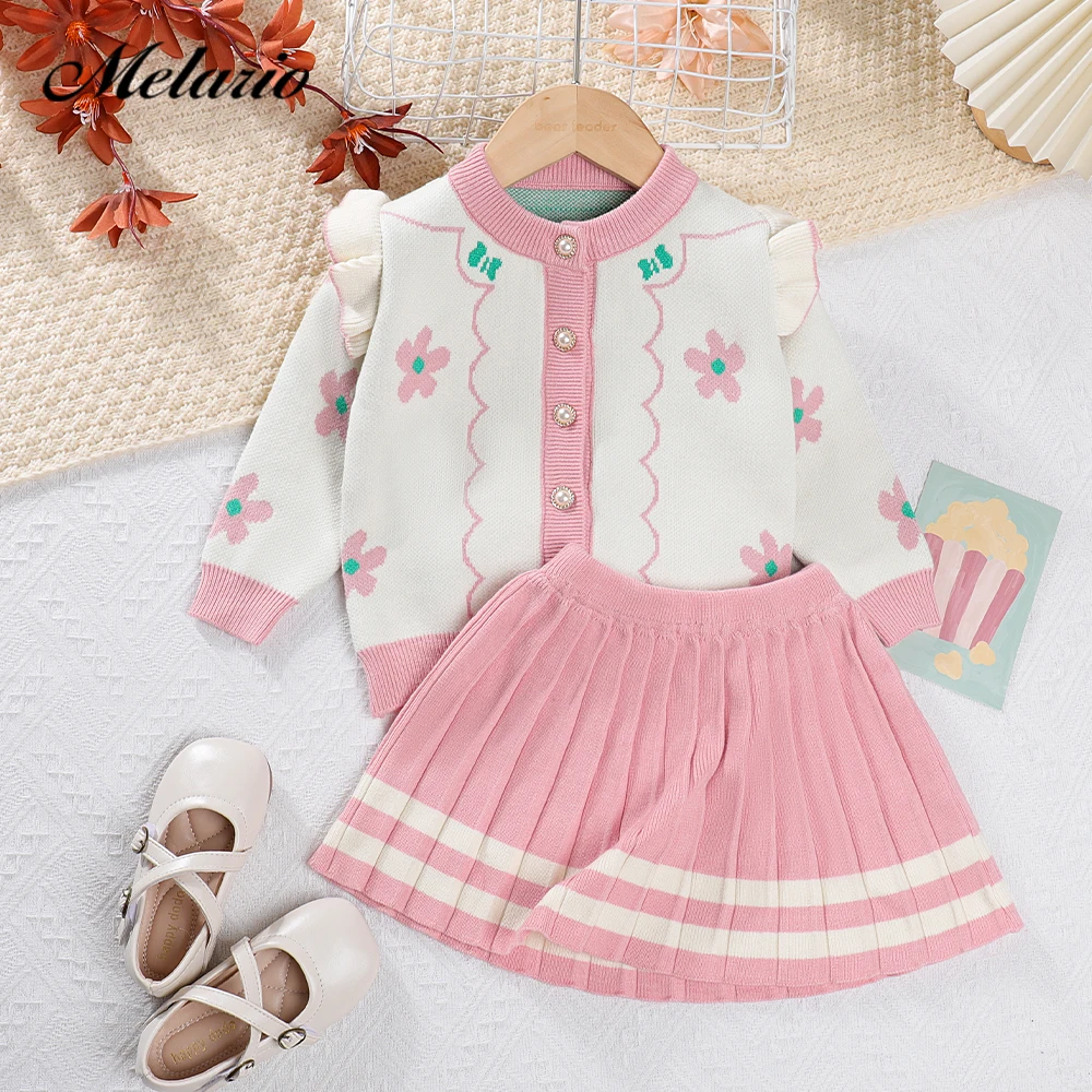 

Melario Girls Sweater Sets 2023 Autumn/Winter Knit Set New Girls Flower Print Knit Top+Striped Pleated Skirt Cute Two Piece Set