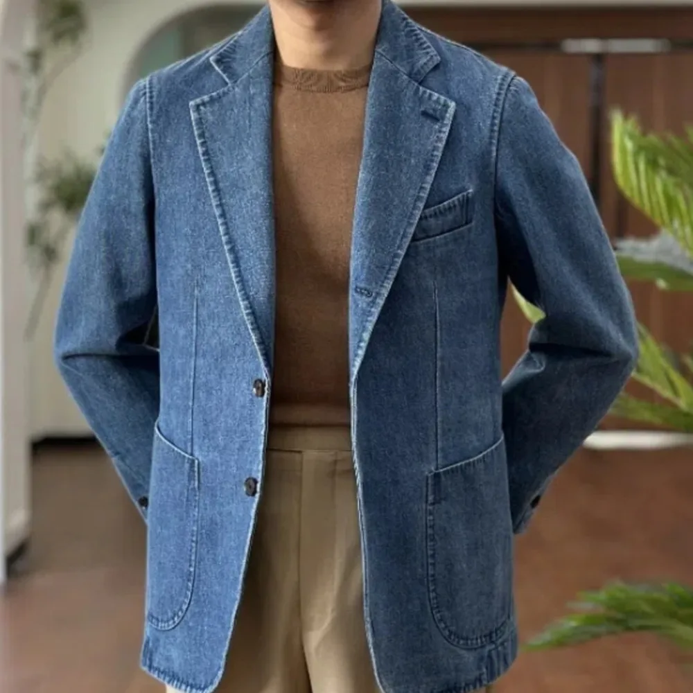 Denim Jacket Men Blazer Masculino Italian Style Blazer Men Lapel Collar Casual Business Blazer Hombre Vintage Slim Fit Blazer 2