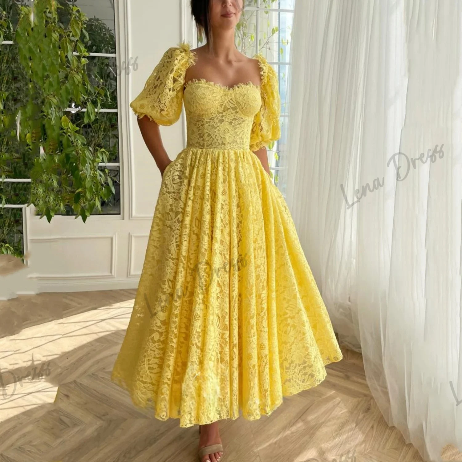 Lena Square Collar Women's Elegant Dresses for Parties 2024 Line A Evening Gown Lace Graduation Dresses Woman Yellow Ball Gowns 1