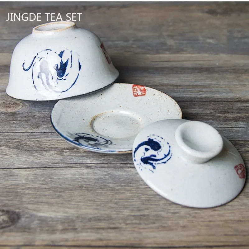 Retro Handmade Tea Bowl Jingdezhen Ceramic Gaiwan Chinese Tea Maker with Cover Teacup Tea Set Supplies Household Drinkware