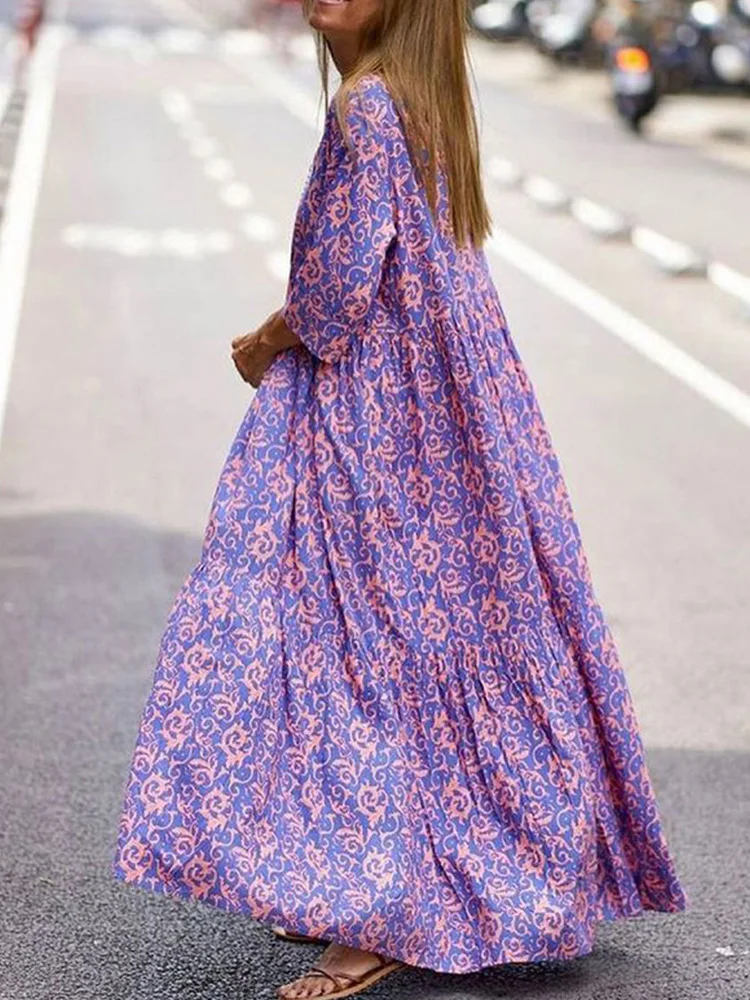 Ladies Fashion Half Sleeve Long Pullover Dress Vintage Printed Women Long Dress 2022 Spring Summer V-Neck Casual Maxi Dresses