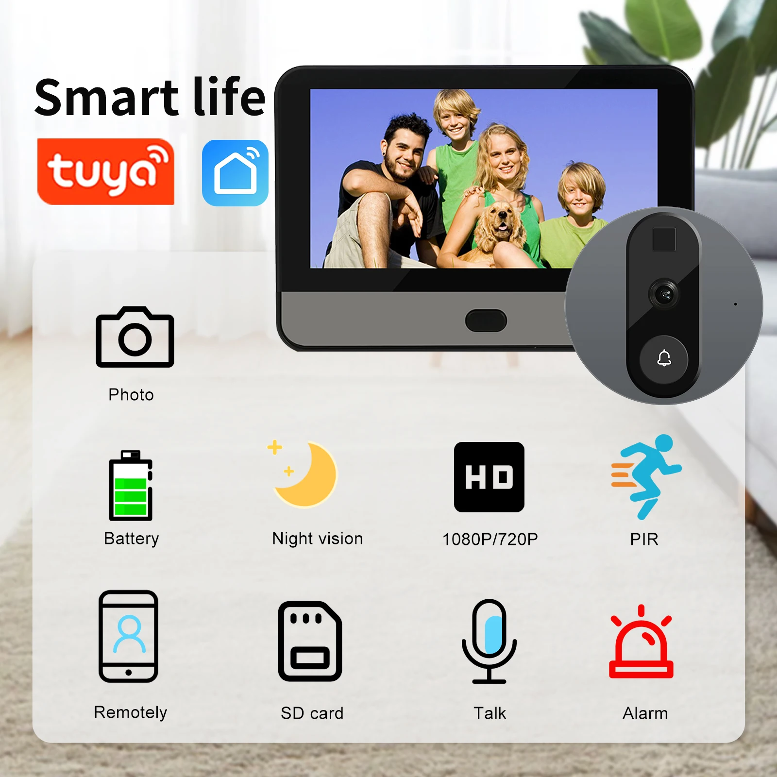 Smart Life Tuya 1080P WiFi timbre de puerta ojo mirilla cámara