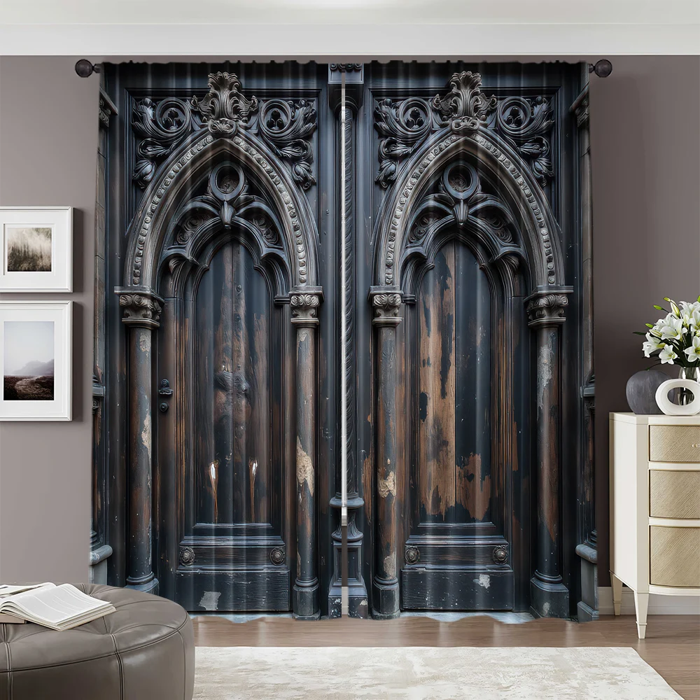 2pcs,%202D%20flat%20printing%20Scene%20Curtain%20Ornate%20Carved%20Wooden%20Doors%20Artwork%20Versatile%20Polyester%20Fabric,Without%20Electricity%20Wall%20-%20Image%202
