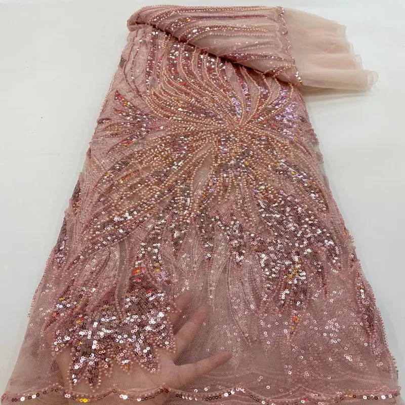 

Latest Heavy Beaded Lace Fabric Rhinestones Embroidery Handmade Wedding Sequence African Lace Fabric With Pearls TS1266