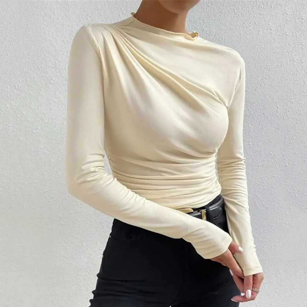 

Women Bottoming Top Solid Color Bottom Half High Collar Long Sleeve T-shirt Solid Color Slim Fit Pleated Pullover Tops