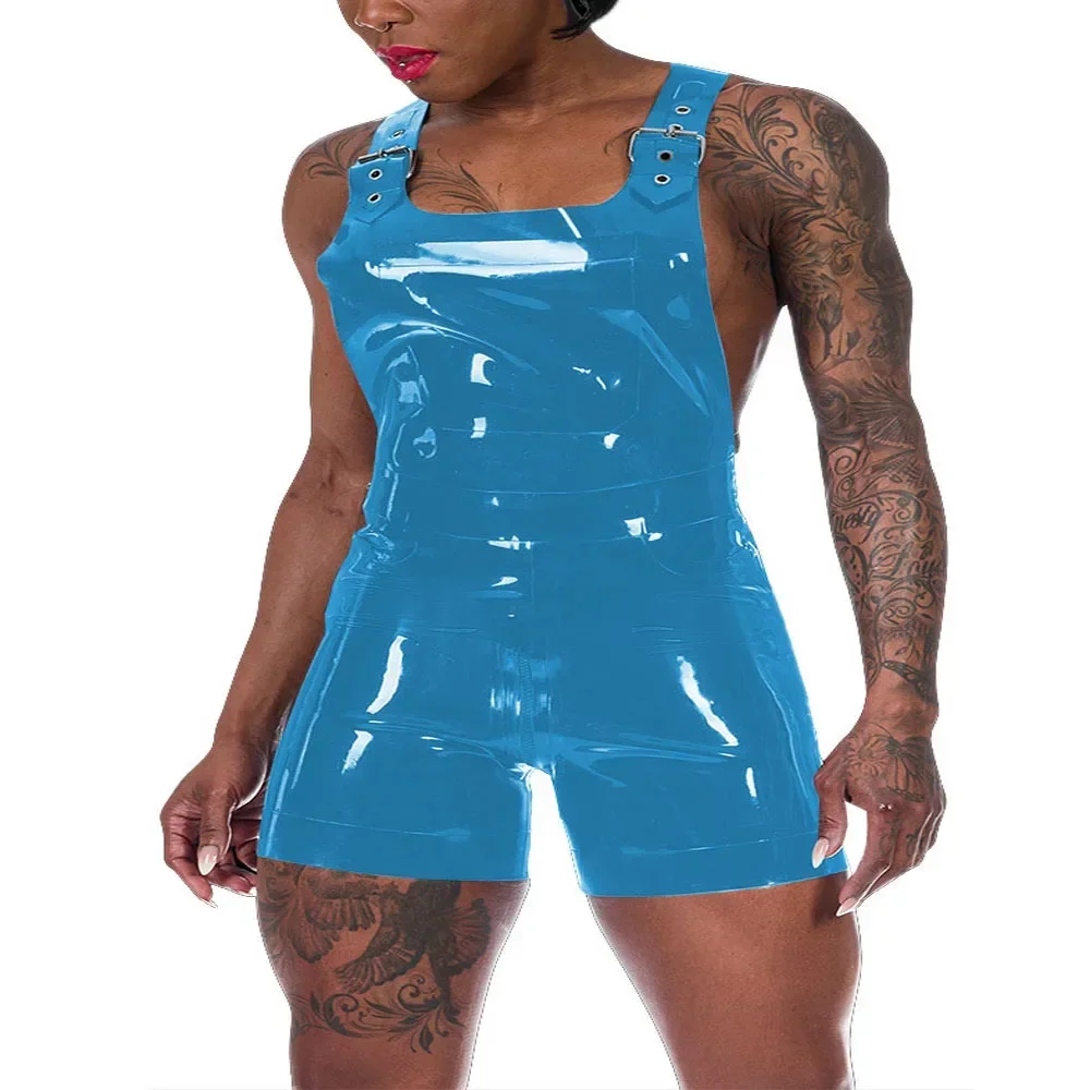 Plus Size Summer Women Patent Leather Overalls Adjustable Straps Faux Latex Romper Shorts Casual Vinyl Jumpsuit Streetwear 5