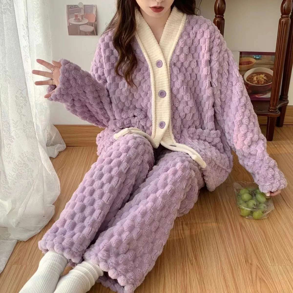 

Coral Fleece Pajama Sets Women Winter Flannel Thick Pijamas Sleepwear Casual Homewear Girls Purple Pyjamas Suit 2Pcs/Set Lo