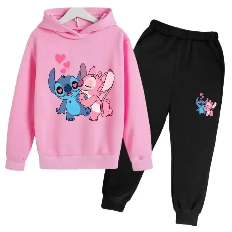 thumbnail image 1 of Conjunto de 2 piezas de sudadera y pantalones con estampado de dibujos animados de Disney Stitch para niños de 3 a 14 años, ropa deportiva informal para niños y niñas, 1 of 5