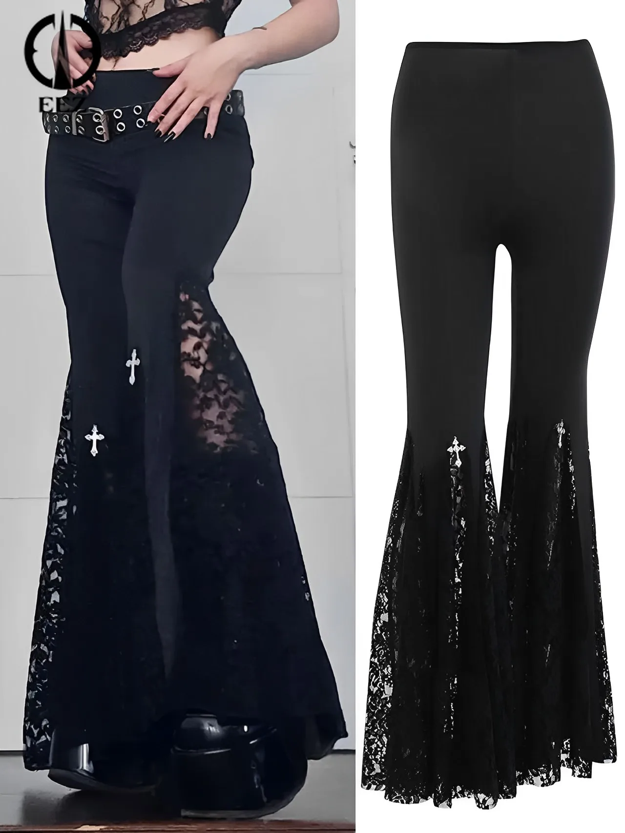

Black Lace Patchwork Flare Pants Women Sexy High Waist Vintage Leggings Harajuku Hippie Autumn Trousers Streetwear Y2k Pants New