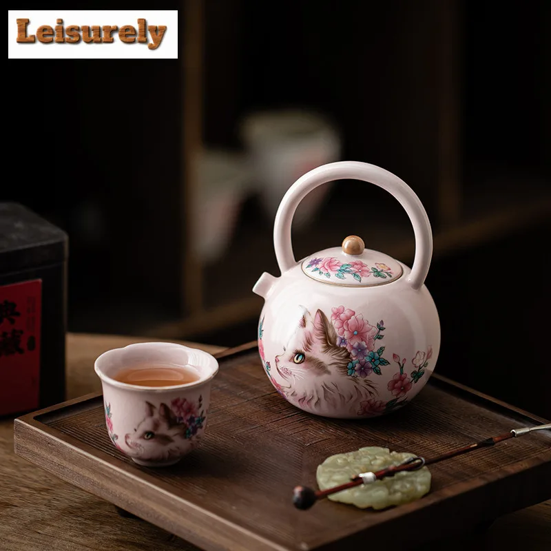 Pink Ru Kiln Flower Cat Lifting Handle Teapot Traditional Tea Infuser Pot Tea Maker Kettle With Strainer Tea Services Gift Craft